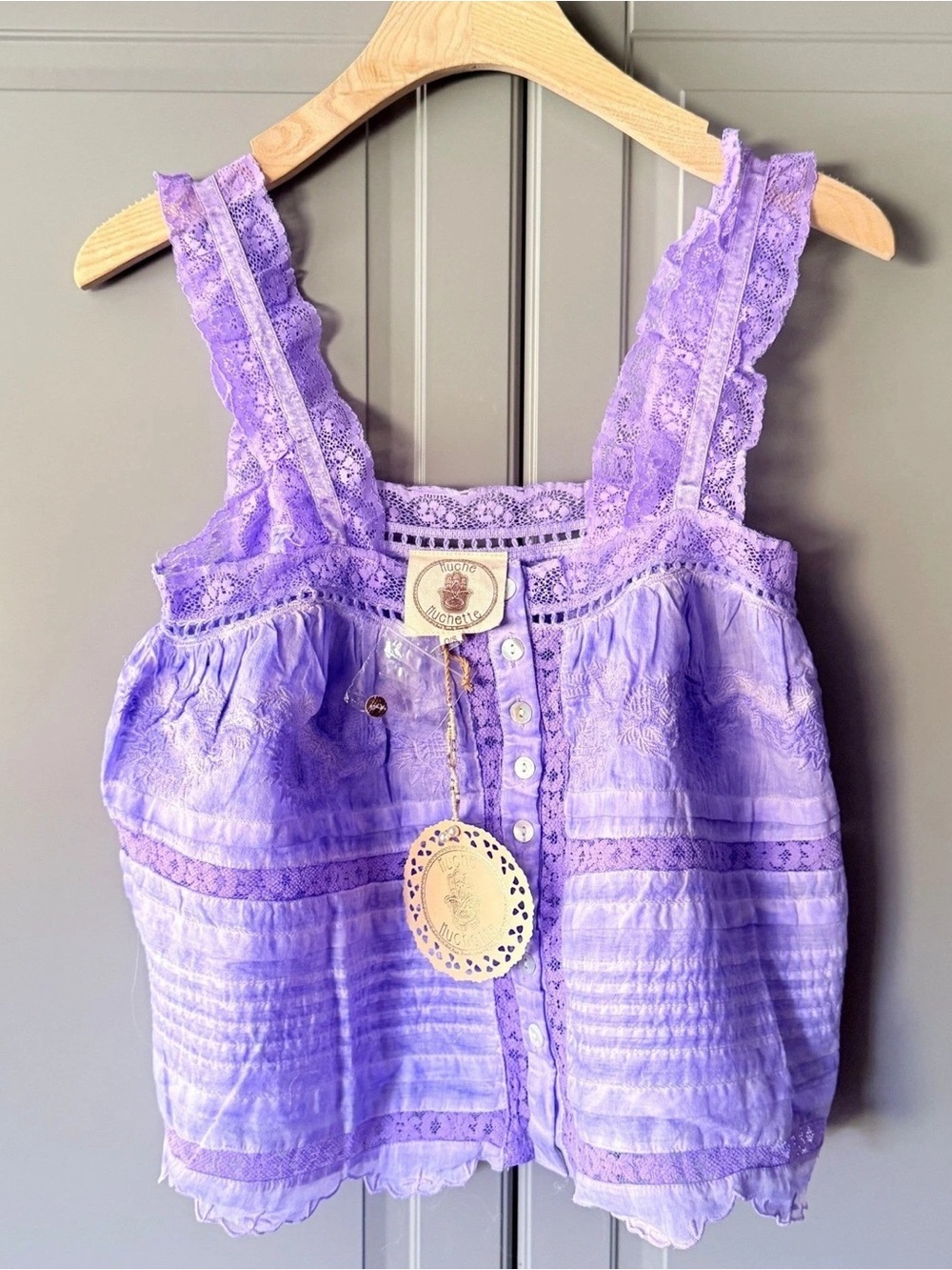 Muche & Muchette Lavender Lace-Trim Button Front Tank Top